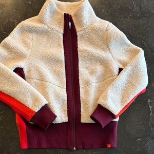 Krimson Klover Cream Sherpa Jacket w/ Burgundy + Red/Orange Side Stripe – Size M